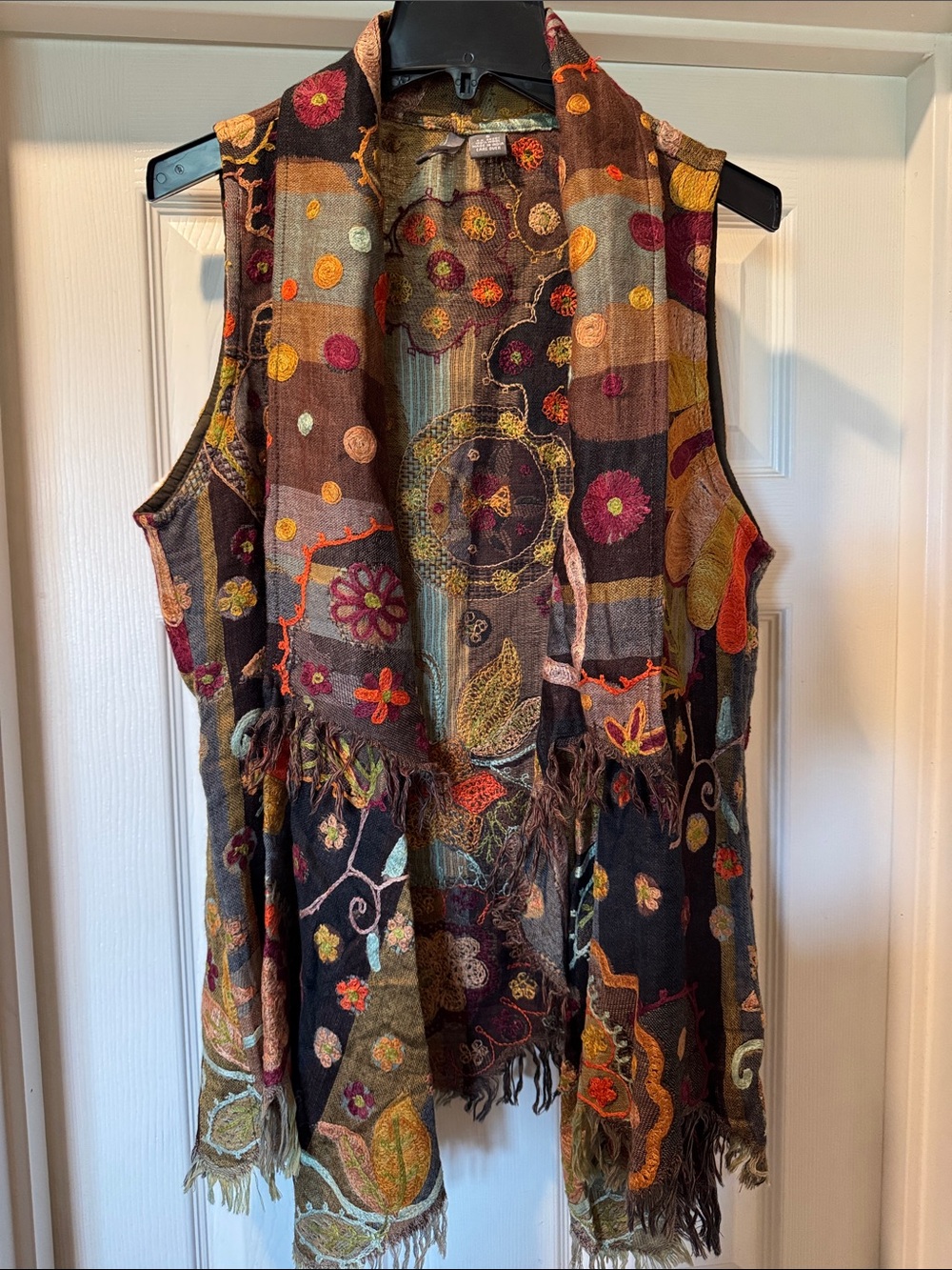 Embroidered Fringe Boho Vest - Multicolor Brown